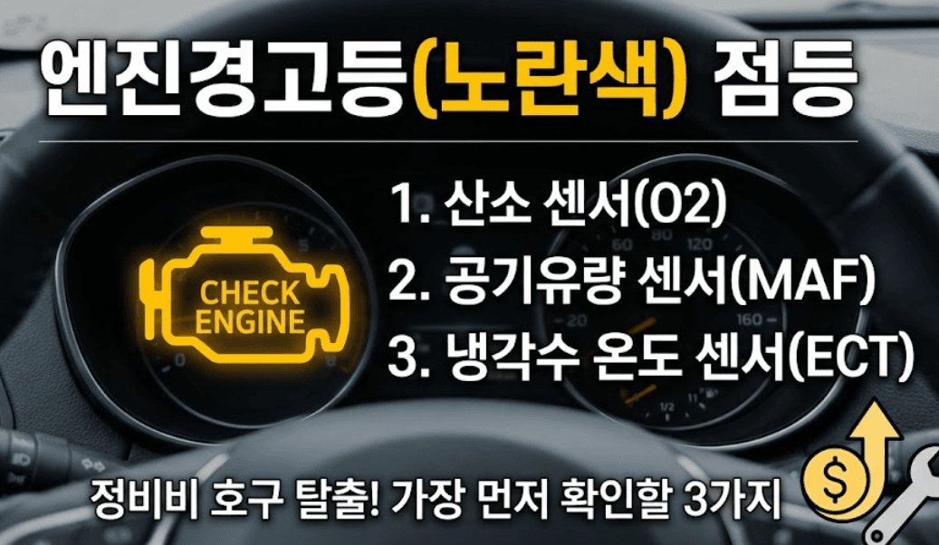 자동차 엔진 경고등(노란색) 점등, 가장 먼저 확인할 센서 3가지